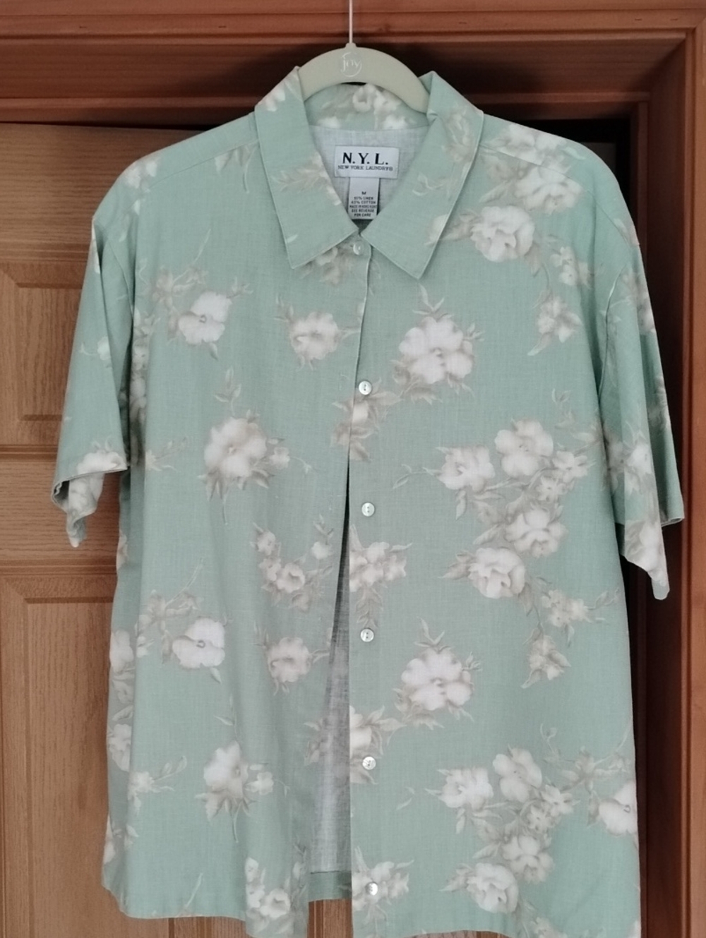 N.Y.L. Sage Green Floral Short-Sleeve Linen Blend Button-Up Shirt Medium EUC